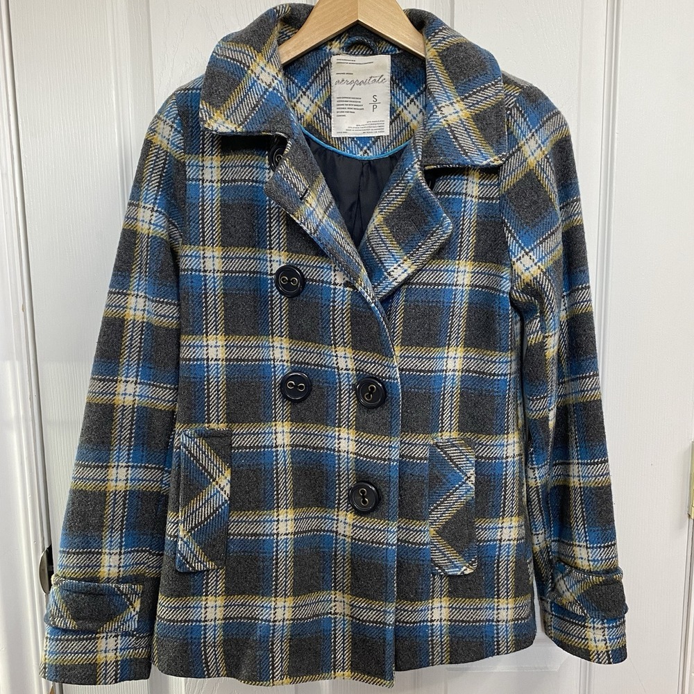 Aeropostale Women Jacket Peacoat Button Up 60% Wool-Blue/Gray/Yellow/White